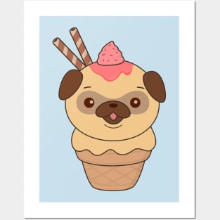 Kawaii Cute Pug Ice Cream Cone T-Shirt Posters and Art